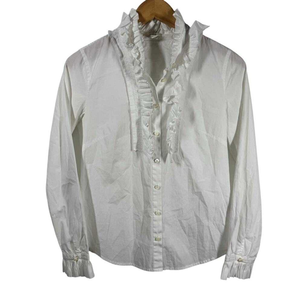 J.Crew‎ Top Women 0 White Ruffle Trim Button-Up Long Sleeve Old Money Career